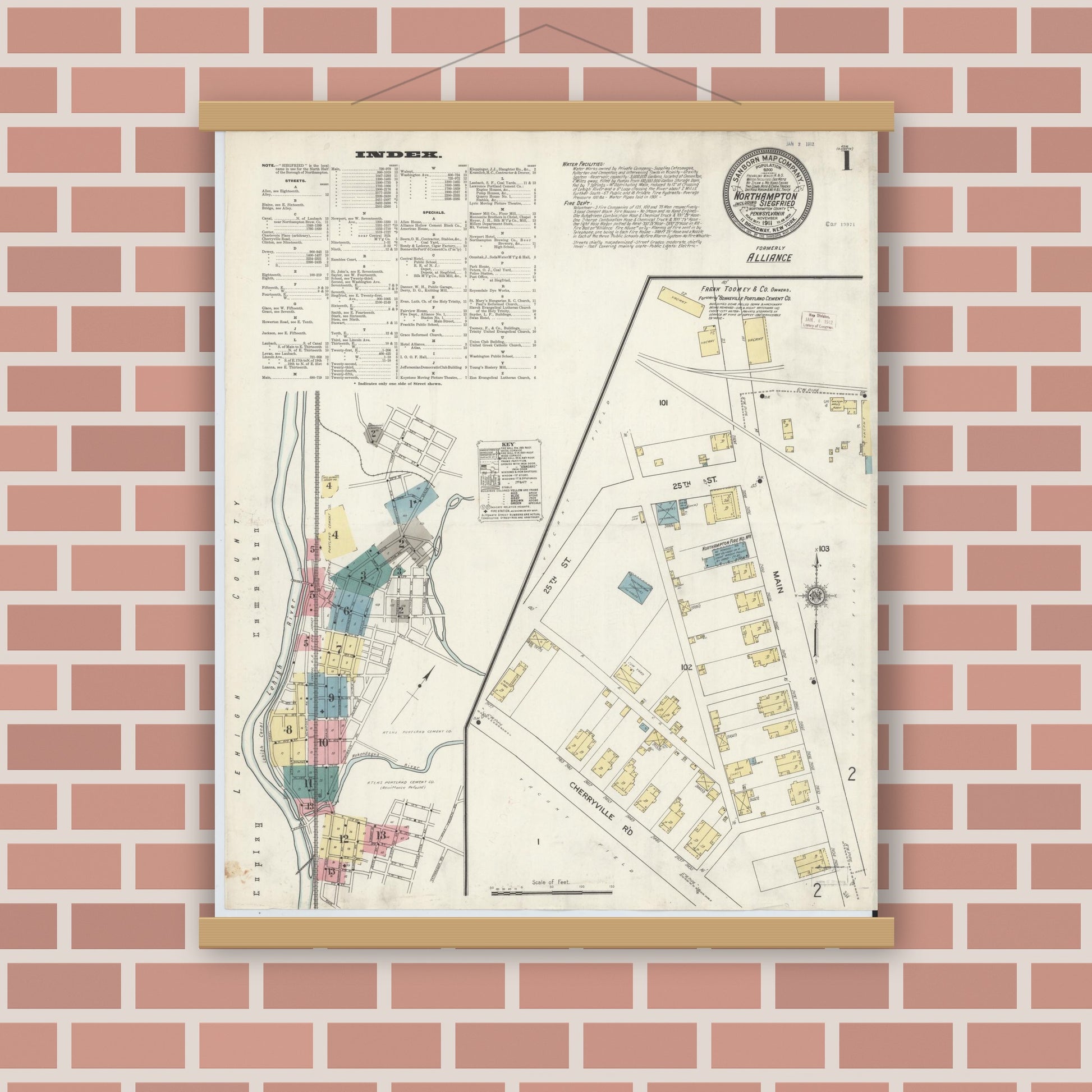 Old map wall art mockup — magnetic wood frame on brick wall — Sanborn Fire Insurance Map from Northampton, Northampton County, Pennsylvania (1911), Sheet #0001