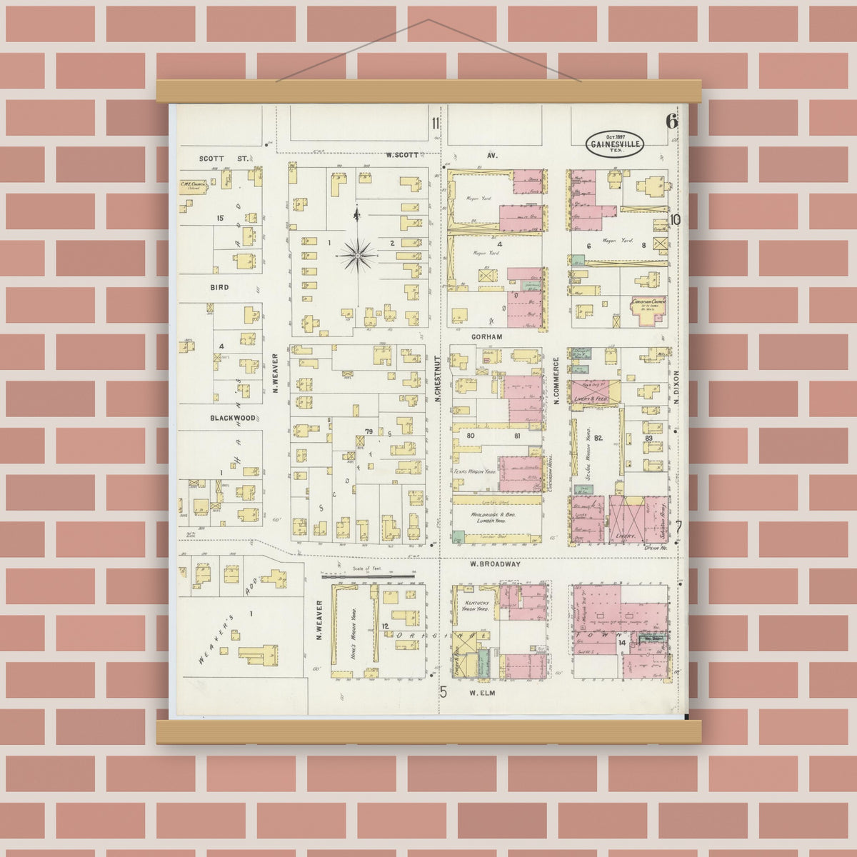 Old map wall art mockup — magnetic wood frame on brick wall — Sanborn Fire Insurance Map from Gainesville, Cooke County, Texas (1897), Sheet #0006