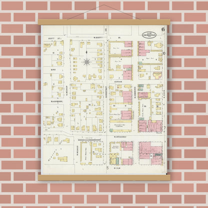 Old map wall art mockup — magnetic wood frame on brick wall — Sanborn Fire Insurance Map from Gainesville, Cooke County, Texas (1897), Sheet #0006