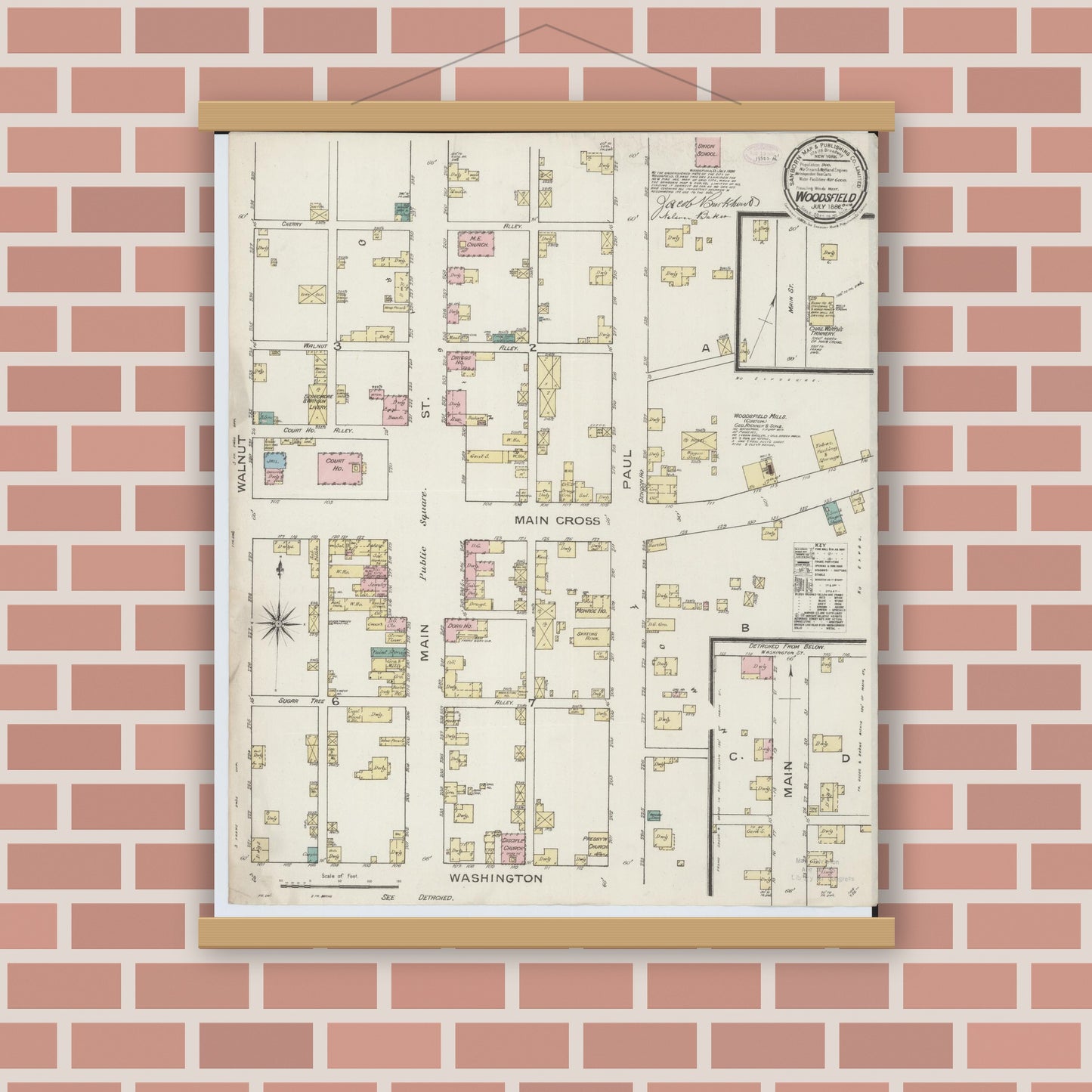 Old map wall art mockup — magnetic wood frame on brick wall — Sanborn Fire Insurance Map from Woodsfield, Monroe County, Ohio (1886), Sheet #0001