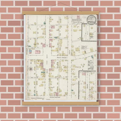 Old map wall art mockup — magnetic wood frame on brick wall — Sanborn Fire Insurance Map from Woodsfield, Monroe County, Ohio (1886), Sheet #0001