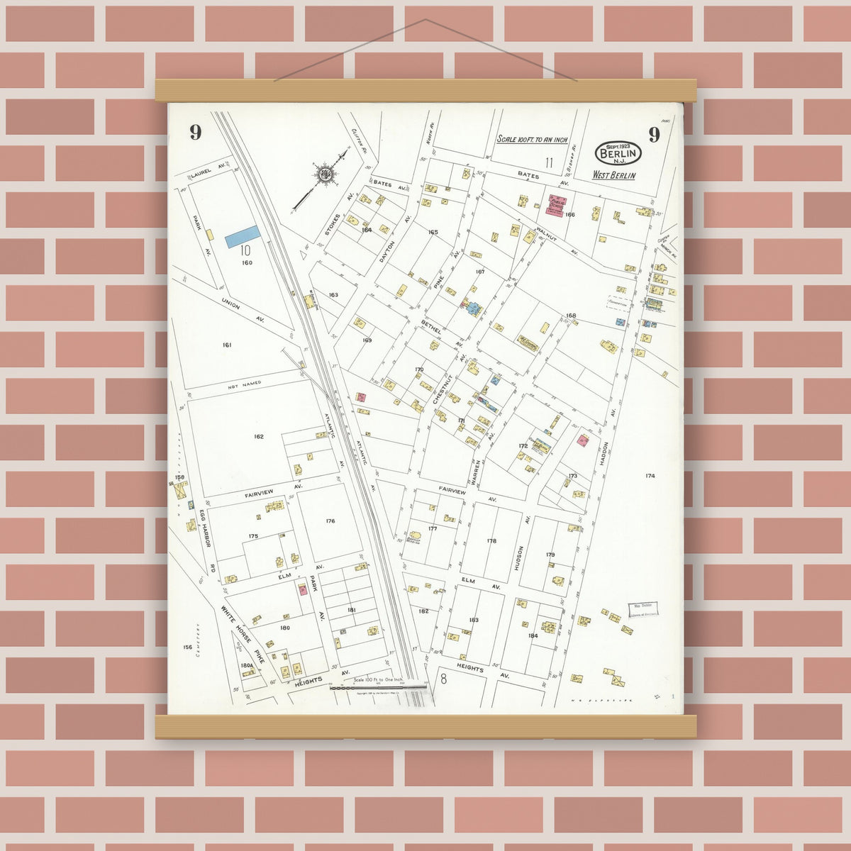 Old map wall art mockup — magnetic wood frame on brick wall — Sanborn Fire Insurance Map from Berlin, Camden County, New Jersey (1923), Sheet #0009
