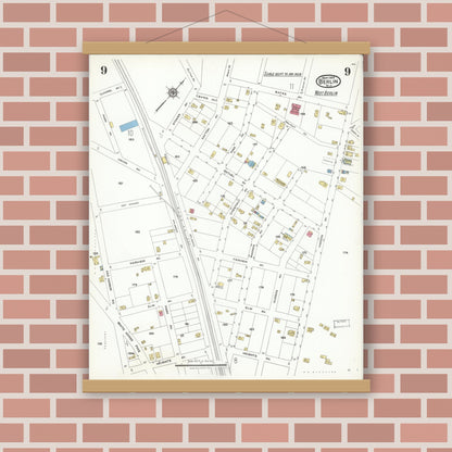 Old map wall art mockup — magnetic wood frame on brick wall — Sanborn Fire Insurance Map from Berlin, Camden County, New Jersey (1923), Sheet #0009