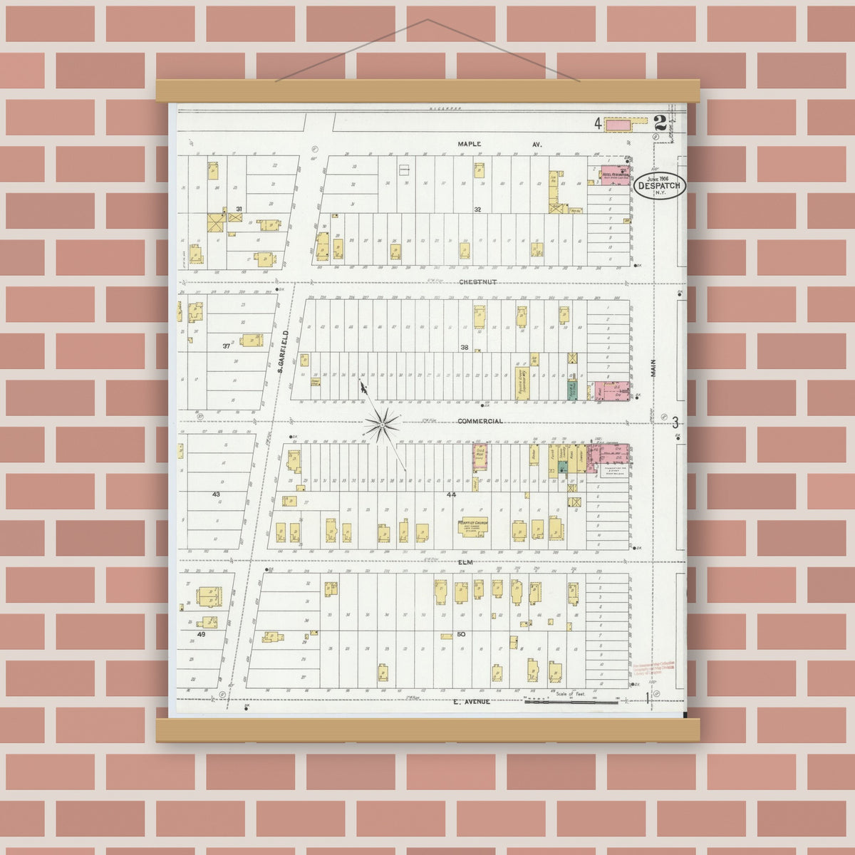 Old map wall art mockup — magnetic wood frame on brick wall — Sanborn Fire Insurance Map from Despatch, Monroe County, New York (1906), Sheet #0002