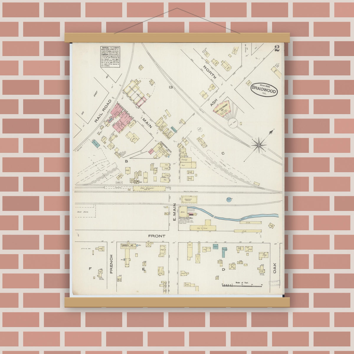 Old map wall art mockup — magnetic wood frame on brick wall — Sanborn Fire Insurance Map from Braidwood, Will County, Illinois (1885), Sheet #0002