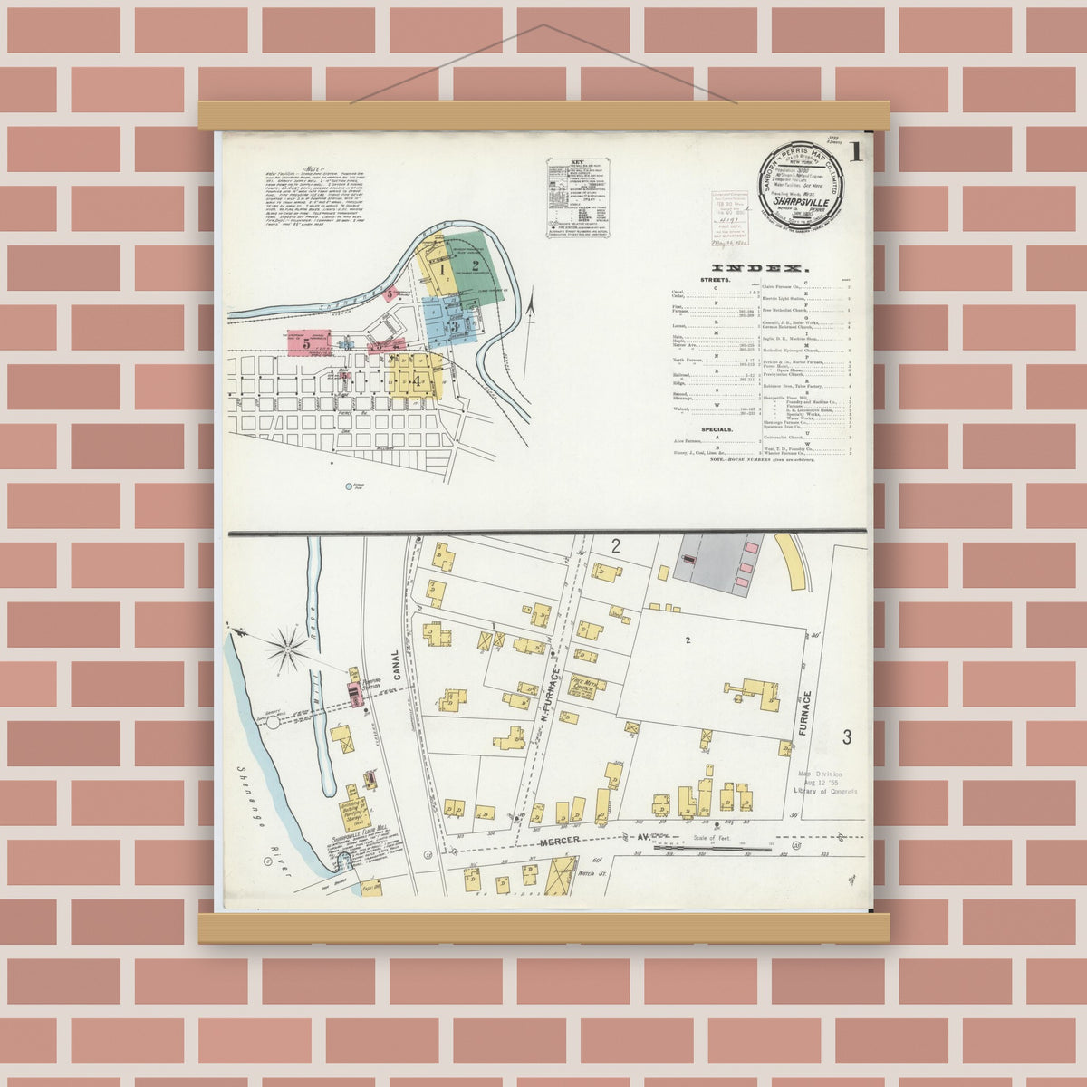 Old map wall art mockup — magnetic wood frame on brick wall — Sanborn Fire Insurance Map from Sharpsville, Mercer County, Pennsylvania (1900) - Complete Map Set
