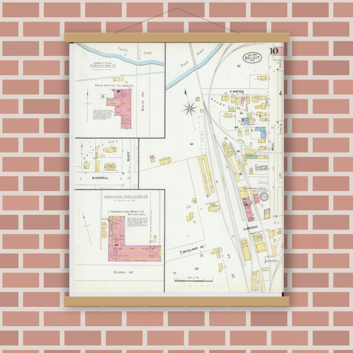 Old map wall art mockup — magnetic wood frame on brick wall — Sanborn Fire Insurance Map from Beloit, Rock County, Wisconsin (1902), Sheet #0010