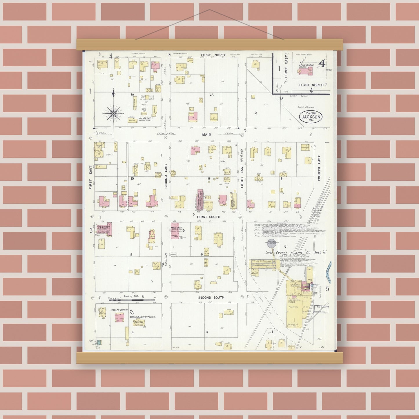 Old map wall art mockup — magnetic wood frame on brick wall — Sanborn Fire Insurance Map from Jackson, Cape Girardeau County, Missouri (1908), Sheet #0004