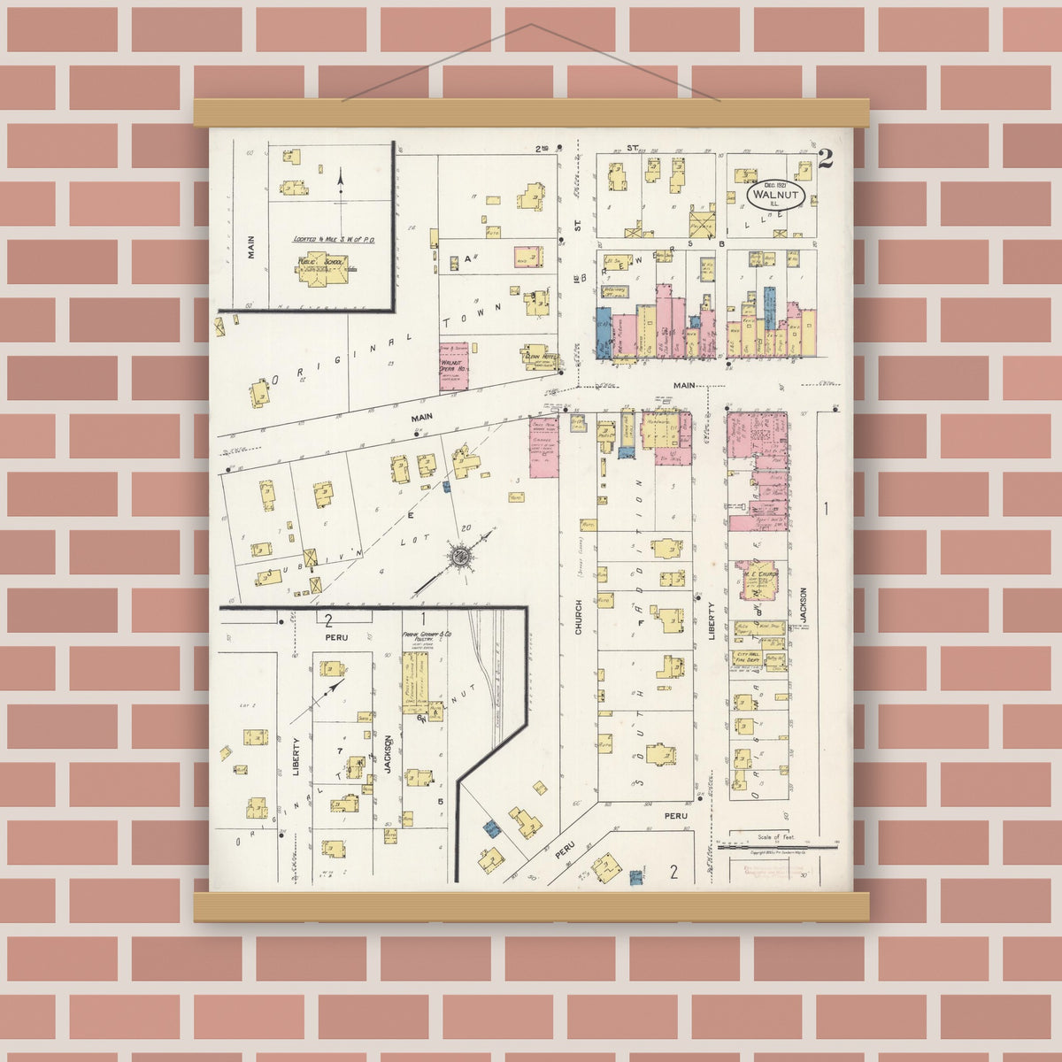 Old map wall art mockup — magnetic wood frame on brick wall — Sanborn Fire Insurance Map from Walnut, Bureau County, Illinois (1921), Sheet #0002