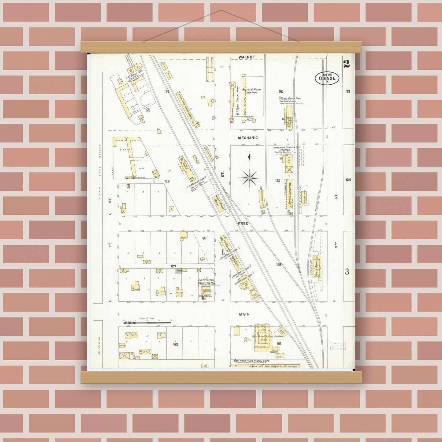 Old map wall art mockup — magnetic wood frame on brick wall — Sanborn Fire Insurance Map from Osage, Mitchell County, Iowa (1897), Sheet #0002