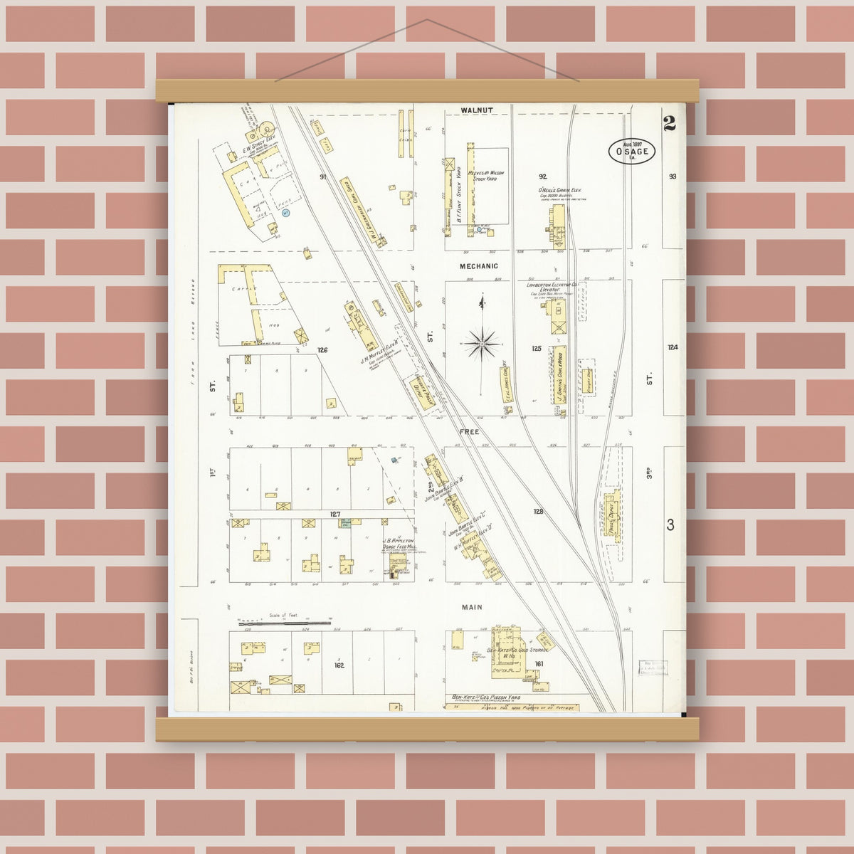 Old map wall art mockup — magnetic wood frame on brick wall — Sanborn Fire Insurance Map from Osage, Mitchell County, Iowa (1897), Sheet #0002