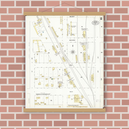 Old map wall art mockup — magnetic wood frame on brick wall — Sanborn Fire Insurance Map from Osage, Mitchell County, Iowa (1897), Sheet #0002