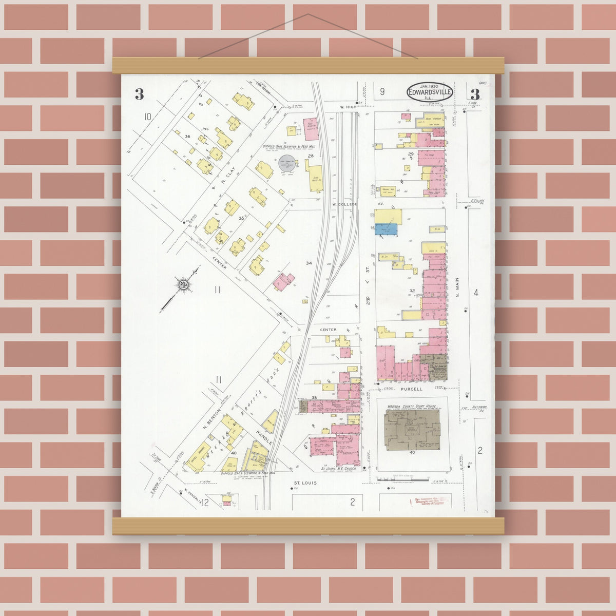 Old map wall art mockup — magnetic wood frame on brick wall — Sanborn Fire Insurance Map from Edwardsville, Madison County, Illinois (1930), Sheet #0003