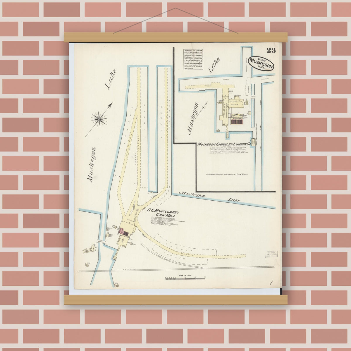 Old map wall art mockup — magnetic wood frame on brick wall — Sanborn Fire Insurance Map from Muskegon, Muskegon County, Michigan (1883), Sheet #0023
