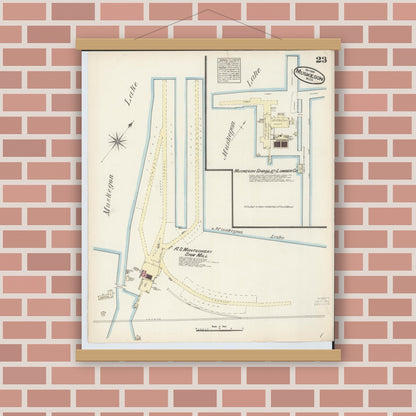 Old map wall art mockup — magnetic wood frame on brick wall — Sanborn Fire Insurance Map from Muskegon, Muskegon County, Michigan (1883), Sheet #0023