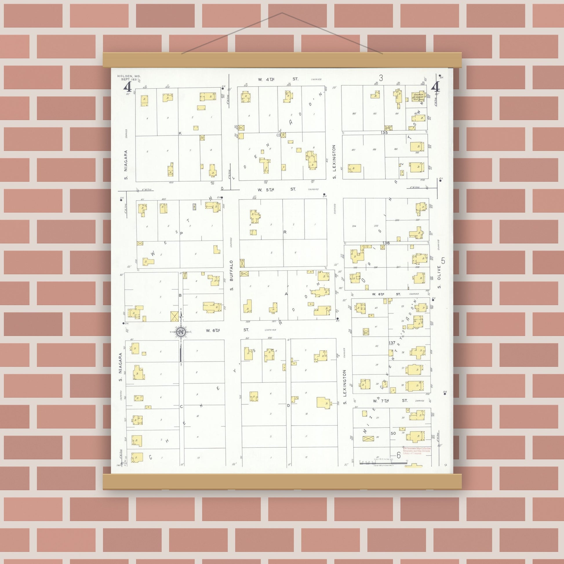 Old map wall art mockup — magnetic wood frame on brick wall — Sanborn Fire Insurance Map from Holden, Johnson County, Missouri (1931), Sheet #0004
