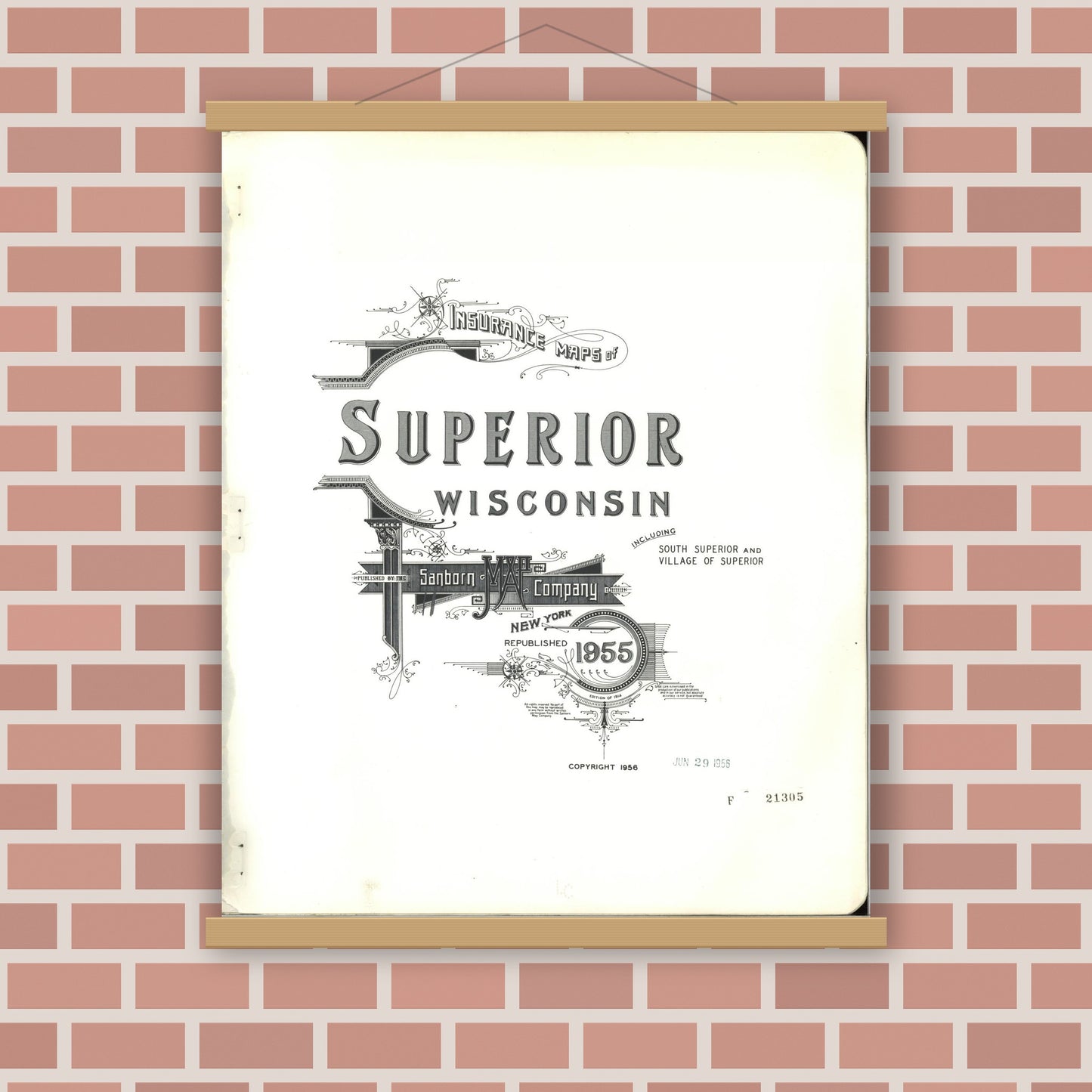 Old map wall art mockup — magnetic wood frame on brick wall — Sanborn Fire Insurance Map from Superior, Douglas County, Wisconsin (1955), Sheet #0001