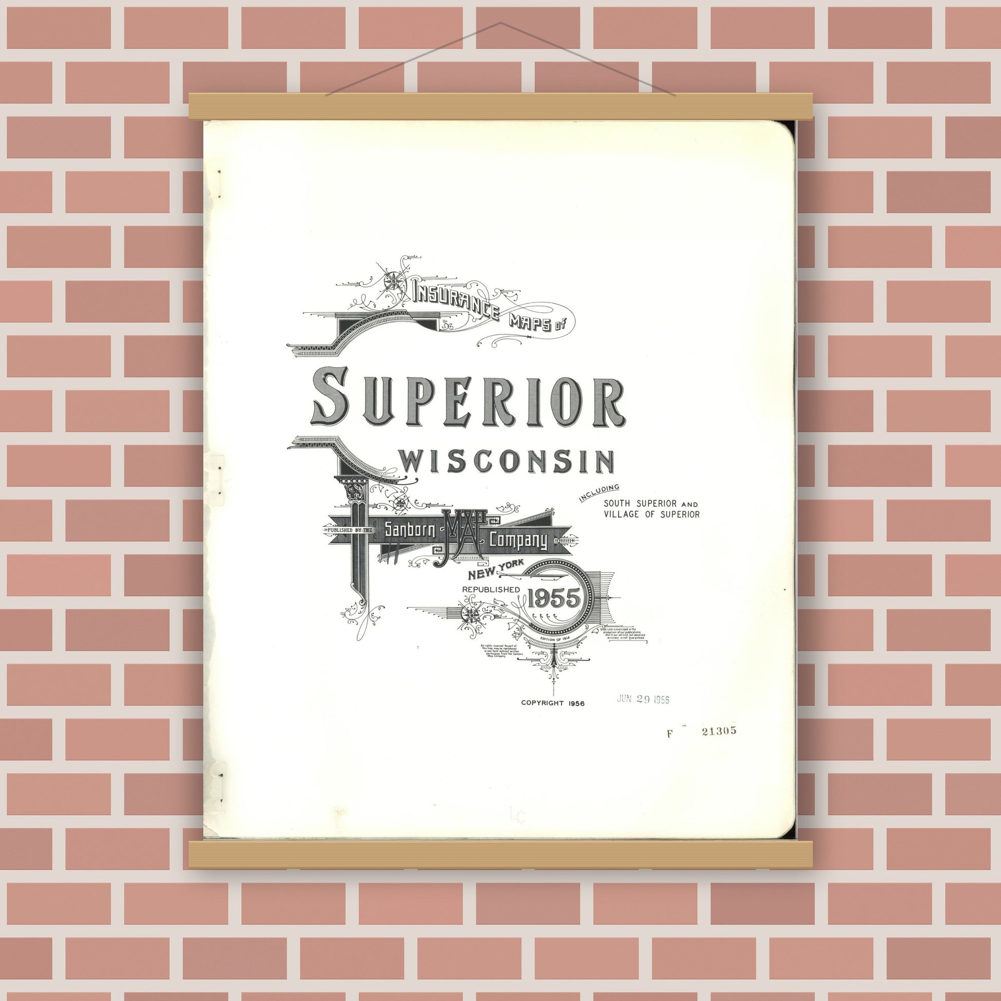 Old map wall art mockup — magnetic wood frame on brick wall — Sanborn Fire Insurance Map from Superior, Douglas County, Wisconsin (1955), Sheet #0001