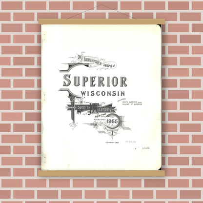Old map wall art mockup — magnetic wood frame on brick wall — Sanborn Fire Insurance Map from Superior, Douglas County, Wisconsin (1955), Sheet #0001