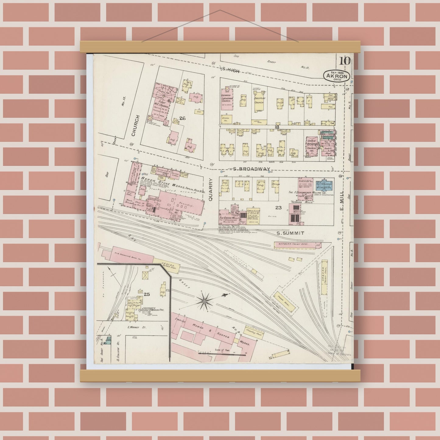 Old map wall art mockup — magnetic wood frame on brick wall — Sanborn Fire Insurance Map from Akron, Summit County, Ohio (1886), Sheet #0010