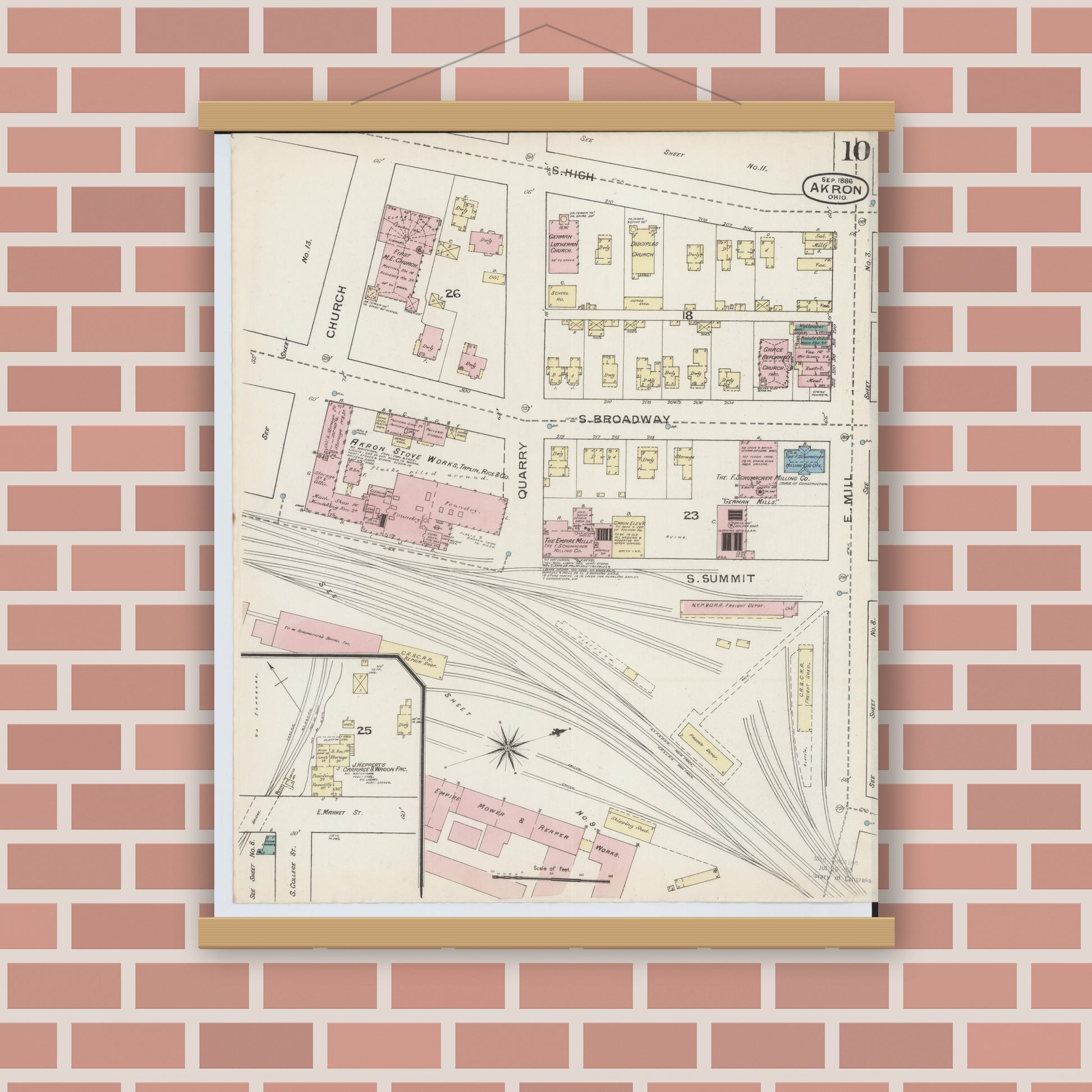 Old map wall art mockup — magnetic wood frame on brick wall — Sanborn Fire Insurance Map from Akron, Summit County, Ohio (1886), Sheet #0010