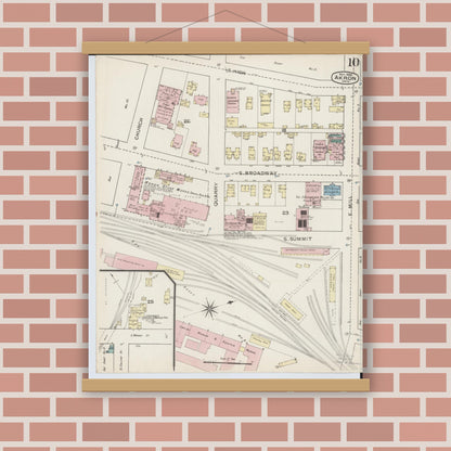 Old map wall art mockup — magnetic wood frame on brick wall — Sanborn Fire Insurance Map from Akron, Summit County, Ohio (1886), Sheet #0010