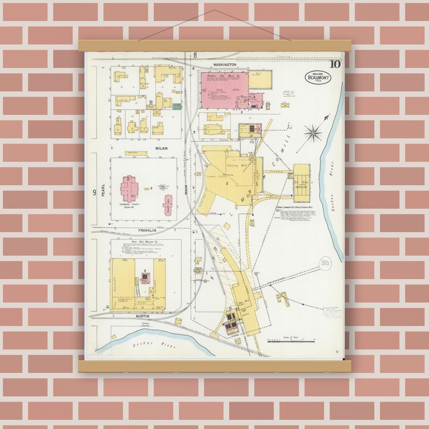 Old map wall art mockup — magnetic wood frame on brick wall — Sanborn Fire Insurance Map from Beaumont, Jefferson County, Texas (1902), Sheet #0010