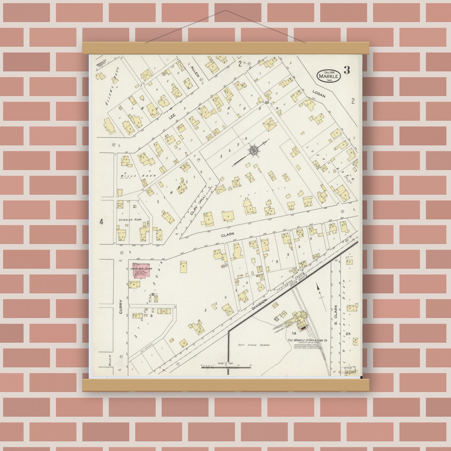 Old map wall art mockup — magnetic wood frame on brick wall — Sanborn Fire Insurance Map from Markle, Huntington County, Indiana (1914), Sheet #0003