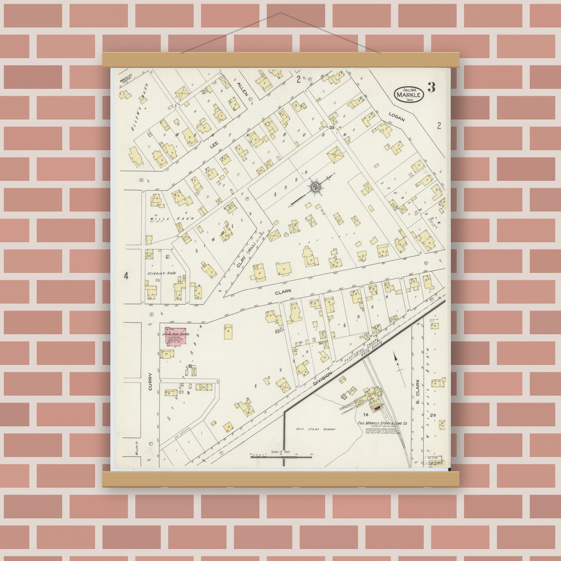Old map wall art mockup — magnetic wood frame on brick wall — Sanborn Fire Insurance Map from Markle, Huntington County, Indiana (1914), Sheet #0003