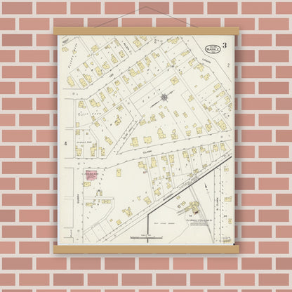 Old map wall art mockup — magnetic wood frame on brick wall — Sanborn Fire Insurance Map from Markle, Huntington County, Indiana (1914), Sheet #0003