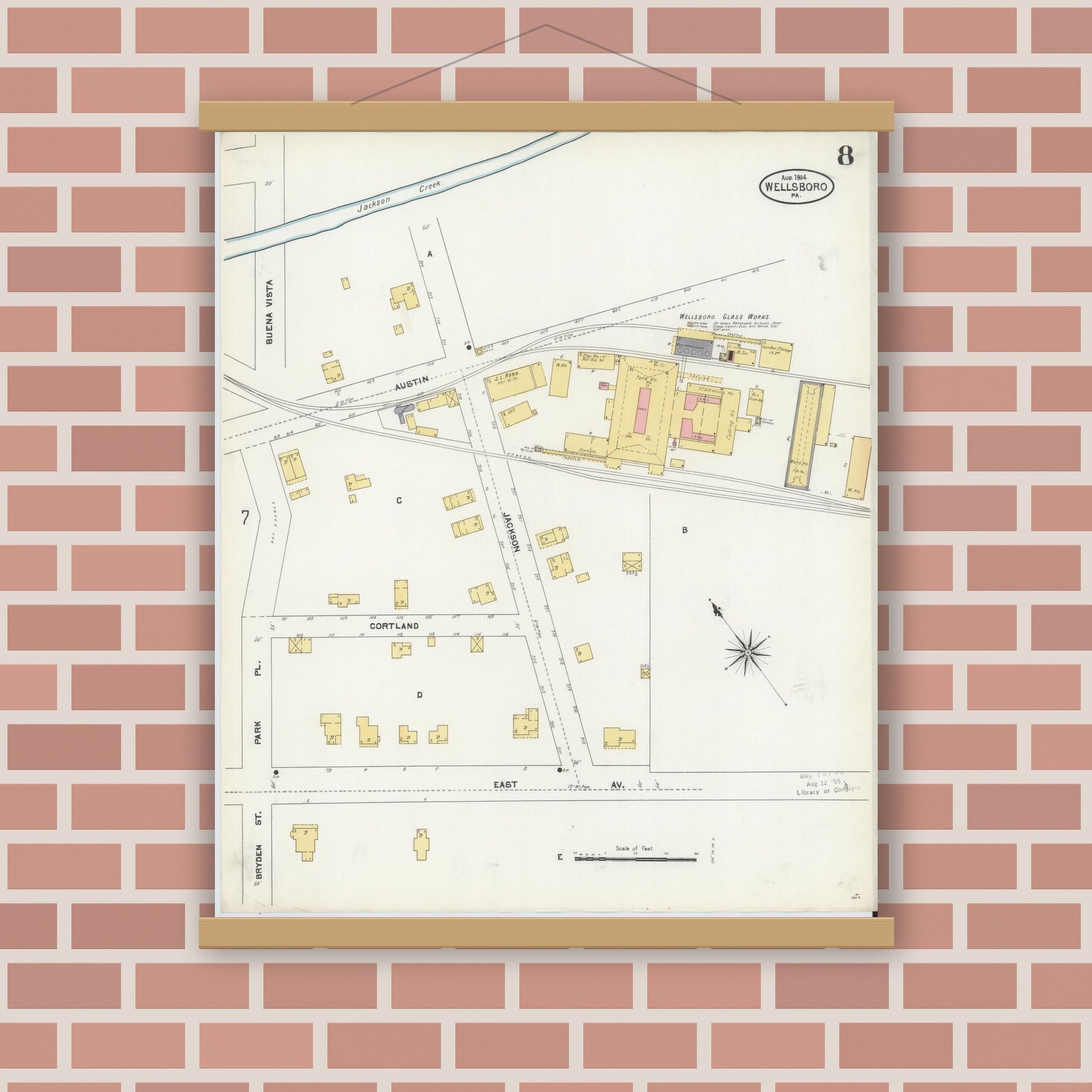 Old map wall art mockup — magnetic wood frame on brick wall — Sanborn Fire Insurance Map from Wellsboro, Tioga County, Pennsylvania (1904), Sheet #0008