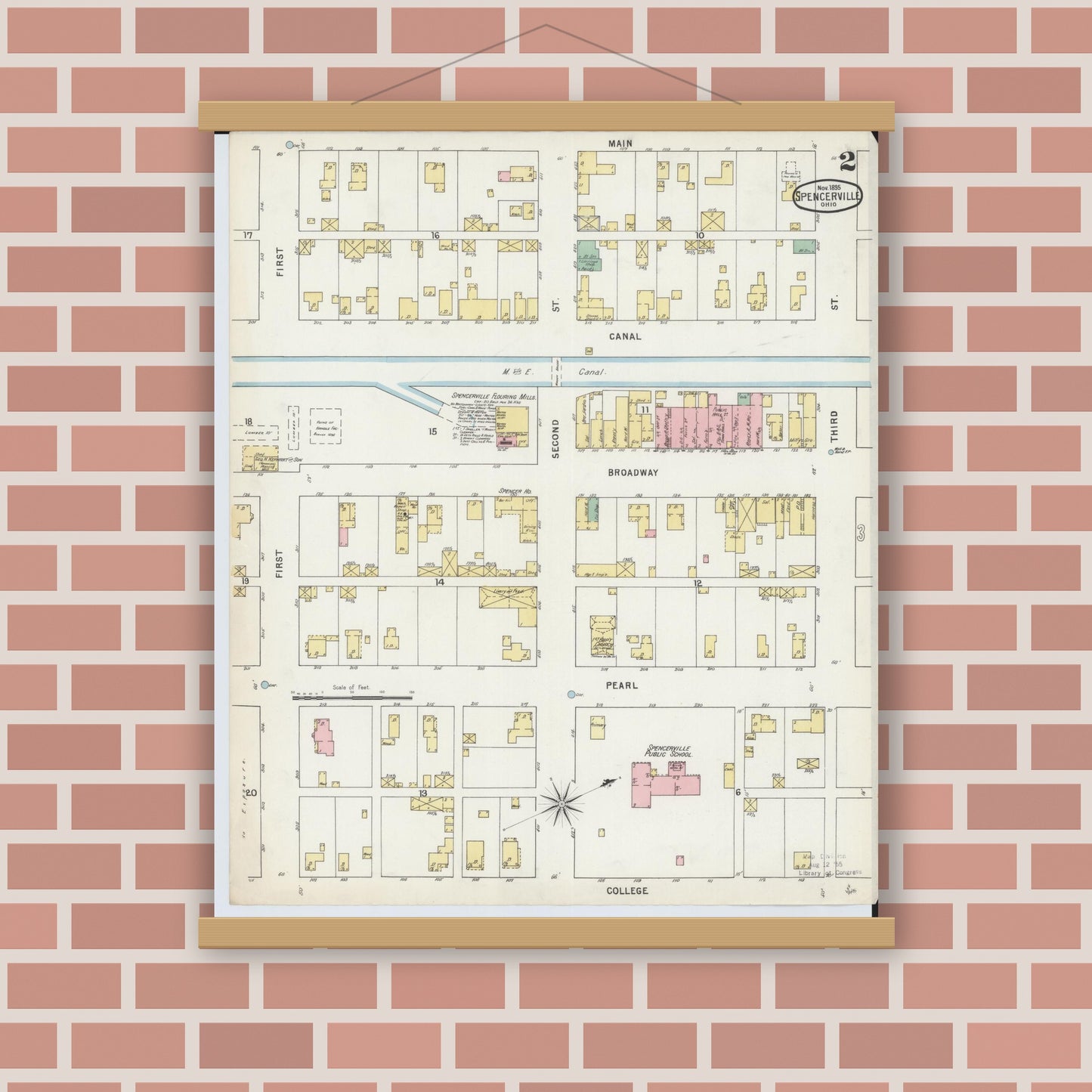 Old map wall art mockup — magnetic wood frame on brick wall — Sanborn Fire Insurance Map from Spencerville, Allen County, Ohio (1895), Sheet #0002