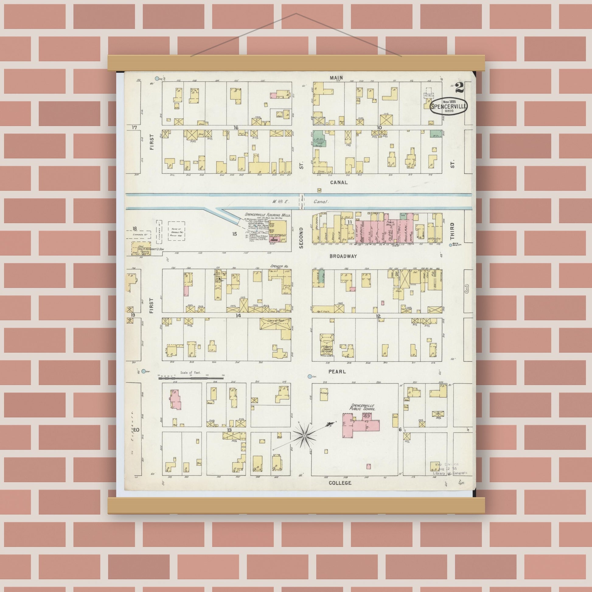 Old map wall art mockup — magnetic wood frame on brick wall — Sanborn Fire Insurance Map from Spencerville, Allen County, Ohio (1895), Sheet #0002