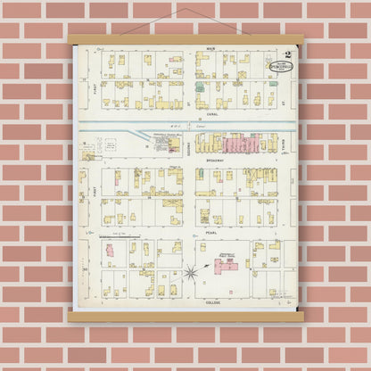 Old map wall art mockup — magnetic wood frame on brick wall — Sanborn Fire Insurance Map from Spencerville, Allen County, Ohio (1895), Sheet #0002