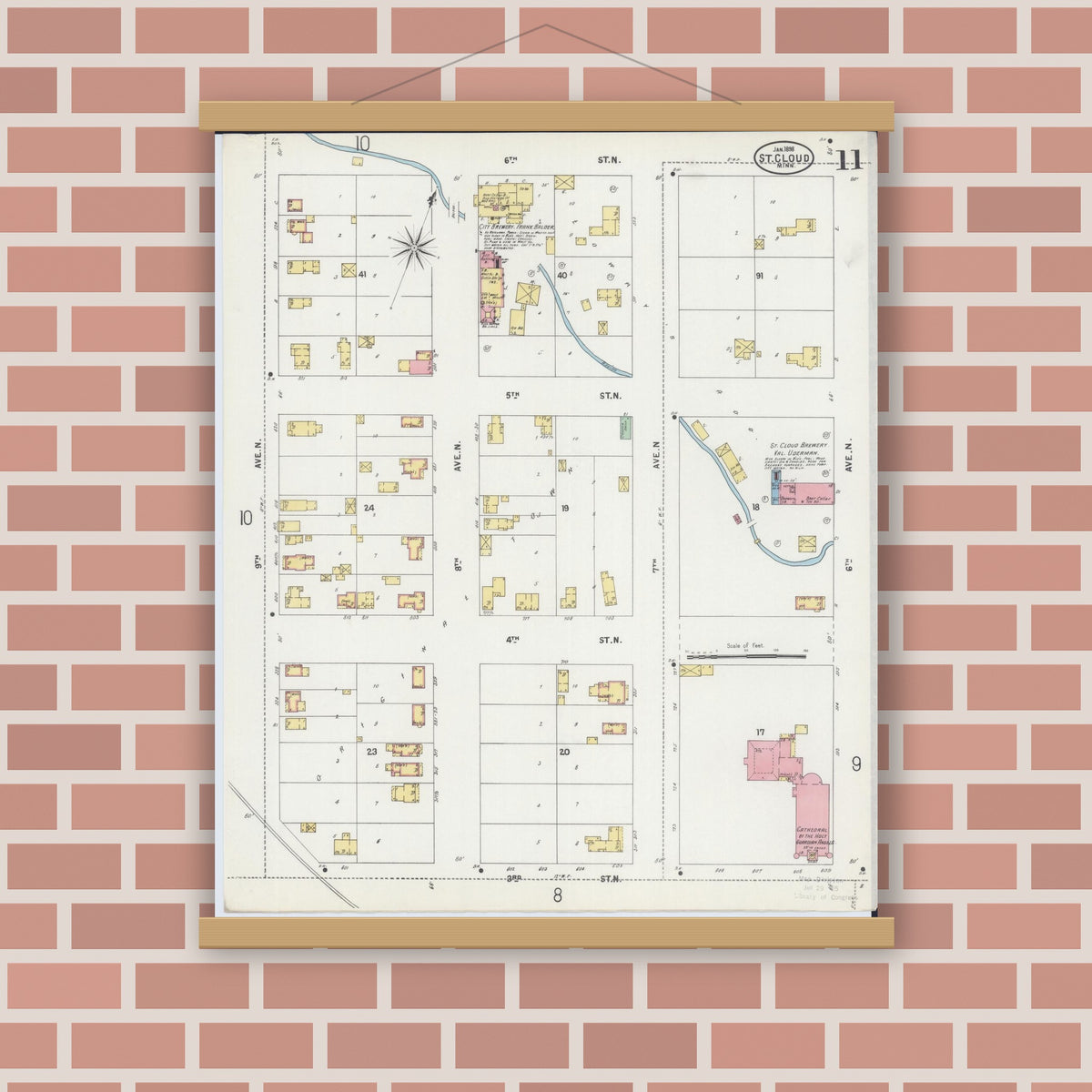 Old map wall art mockup — magnetic wood frame on brick wall — Sanborn Fire Insurance Map from Saint Cloud, Stearns, Benton, and Sherburne Counties, Minnesota (1898), Sheet #0011