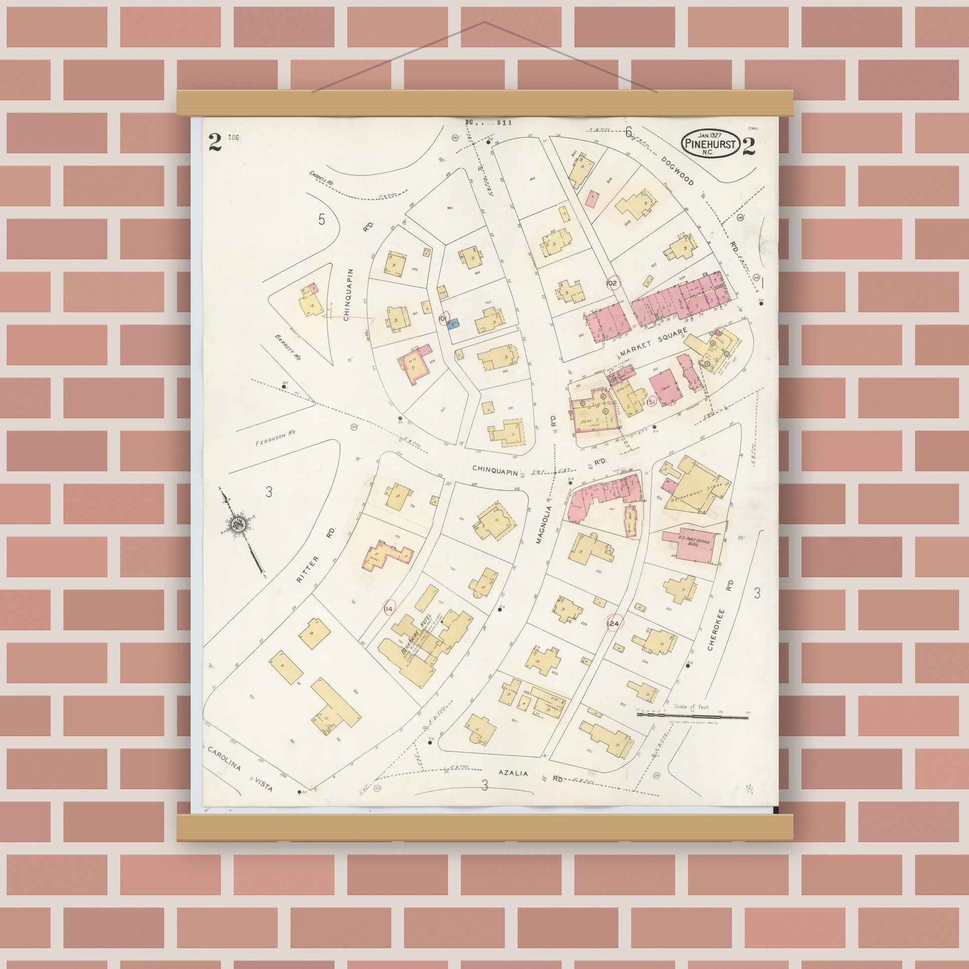 Old map wall art mockup — magnetic wood frame on brick wall — Sanborn Fire Insurance Map from Pinehurst, Moore County, North Carolina (1939), Sheet #0002