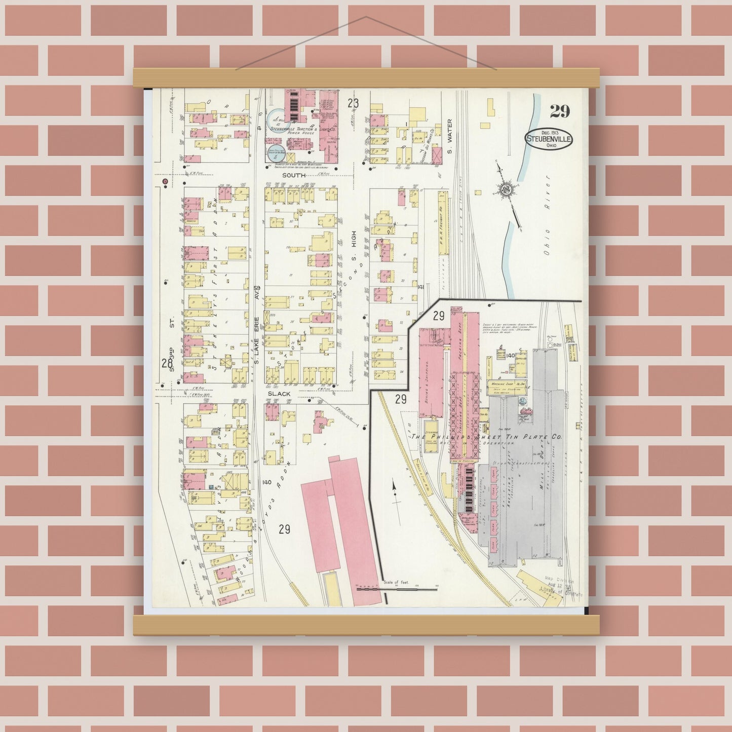 Old map wall art mockup — magnetic wood frame on brick wall — Sanborn Fire Insurance Map from Steubenville, Jefferson County, Ohio (1913), Sheet #0029