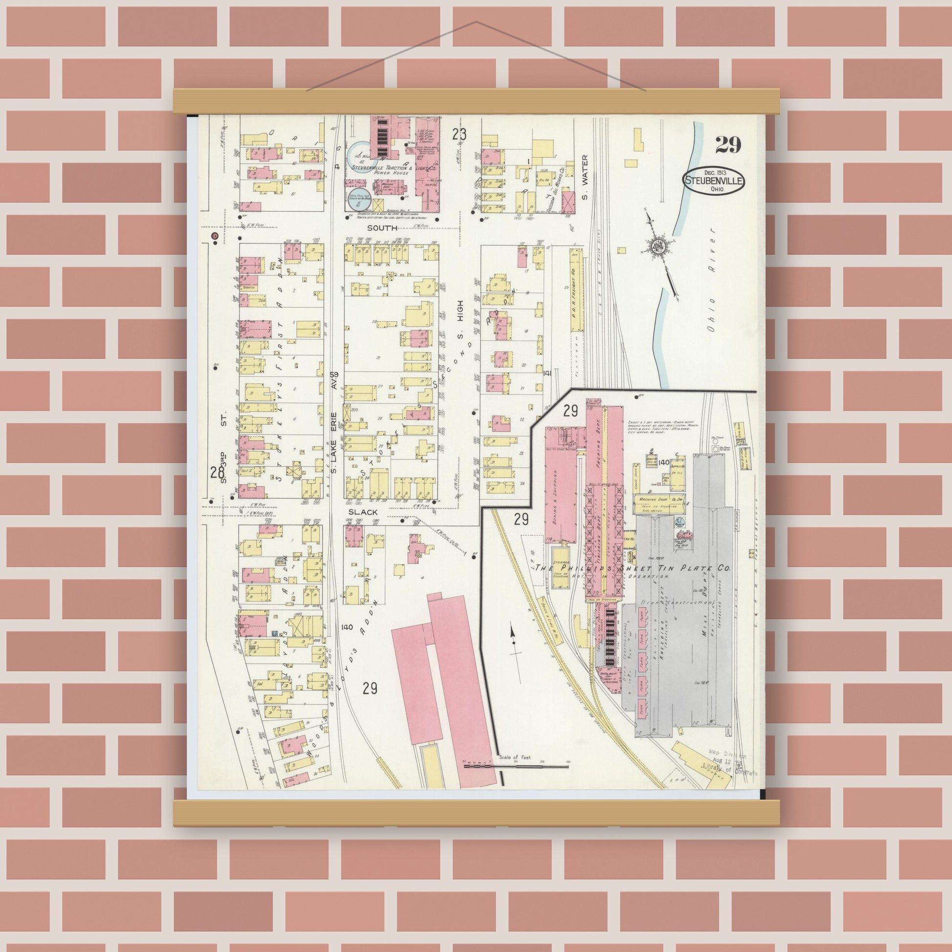 Old map wall art mockup — magnetic wood frame on brick wall — Sanborn Fire Insurance Map from Steubenville, Jefferson County, Ohio (1913), Sheet #0029