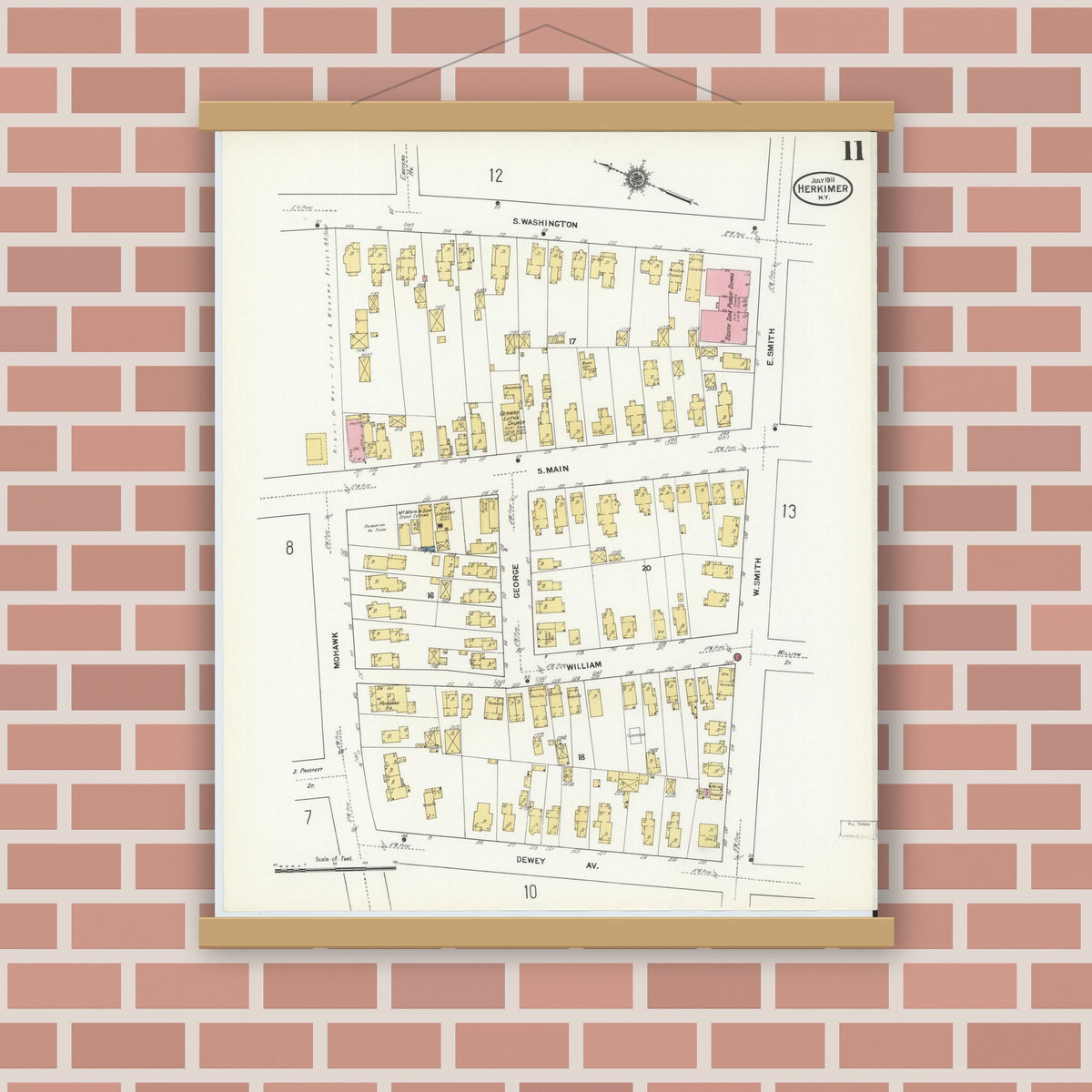 Old map wall art mockup — magnetic wood frame on brick wall — Sanborn Fire Insurance Map from Herkimer, Herkimer County, New York (1911), Sheet #0011
