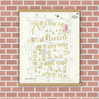 Old map wall art mockup — magnetic wood frame on brick wall — Sanborn Fire Insurance Map from Herkimer, Herkimer County, New York (1911), Sheet #0011