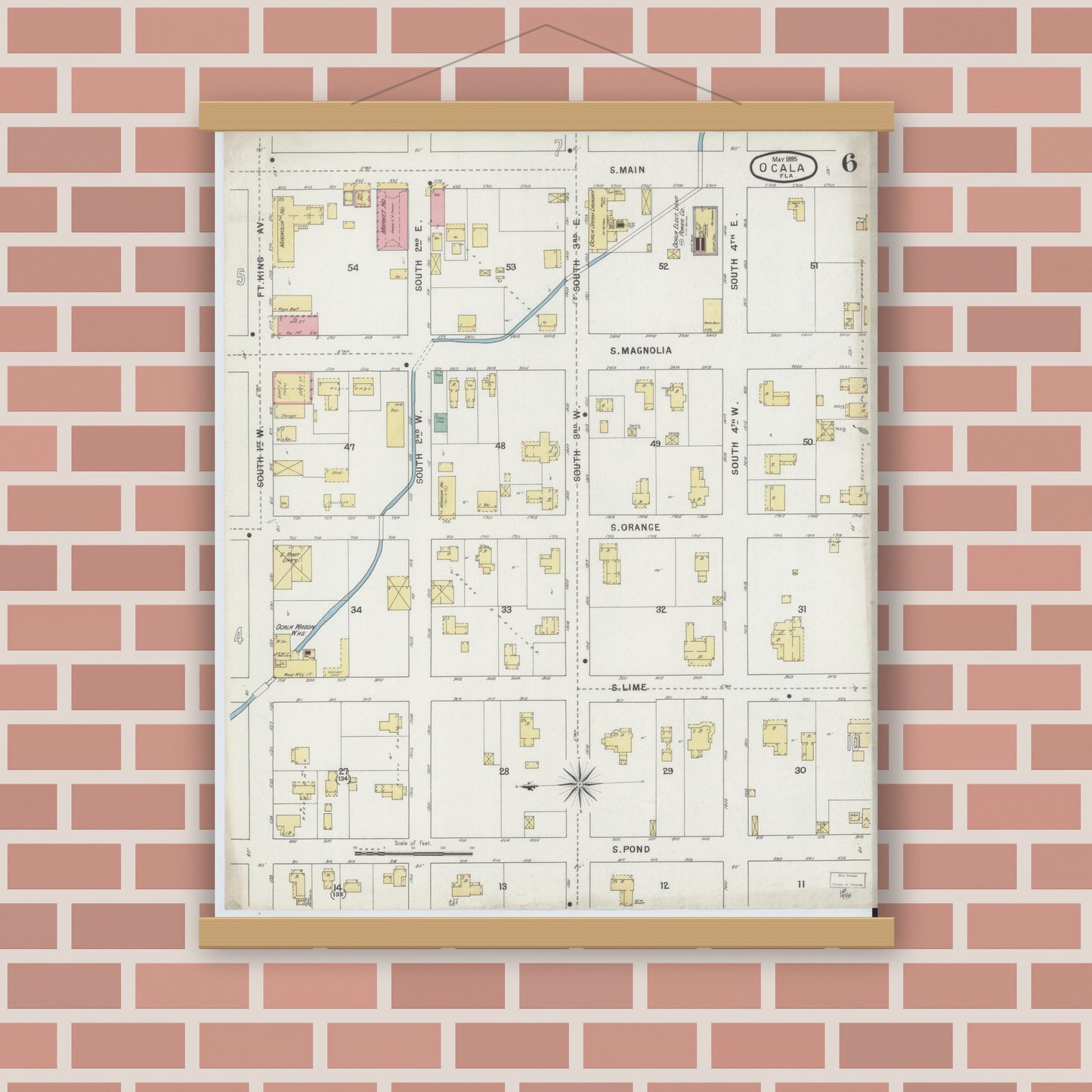 Old map wall art mockup — magnetic wood frame on brick wall — Sanborn Fire Insurance Map from Ocala, Marion County, Florida (1895), Sheet #0006