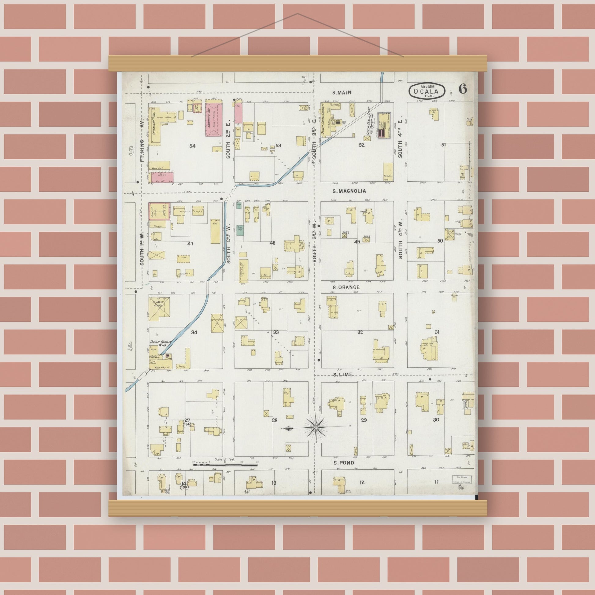 Old map wall art mockup — magnetic wood frame on brick wall — Sanborn Fire Insurance Map from Ocala, Marion County, Florida (1895), Sheet #0006