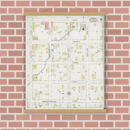 Old map wall art mockup — magnetic wood frame on brick wall — Sanborn Fire Insurance Map from Ocala, Marion County, Florida (1895), Sheet #0006