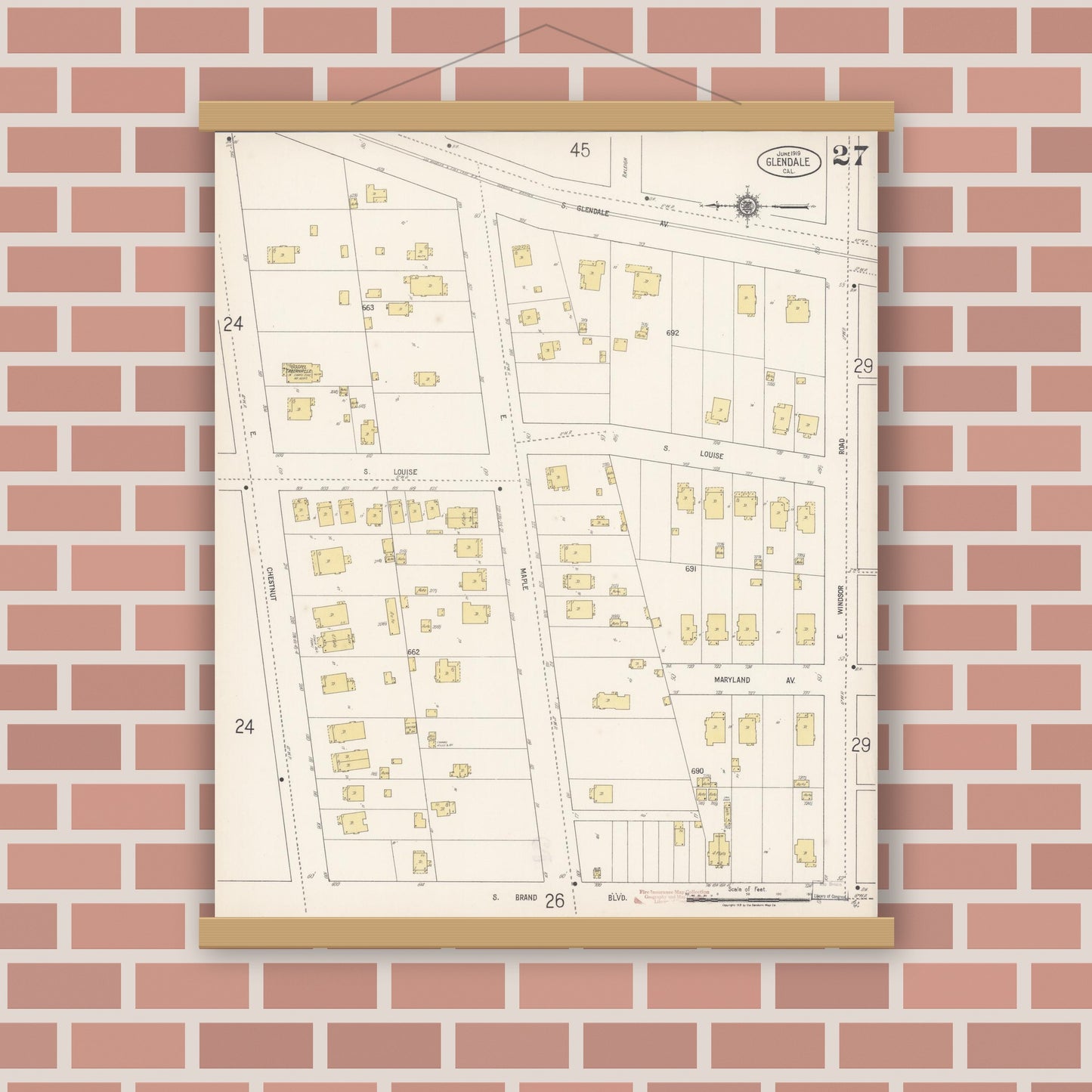 Old map wall art mockup — magnetic wood frame on brick wall — Sanborn Fire Insurance Map from Glendale, Los Angeles County, California (1919), Sheet #0027