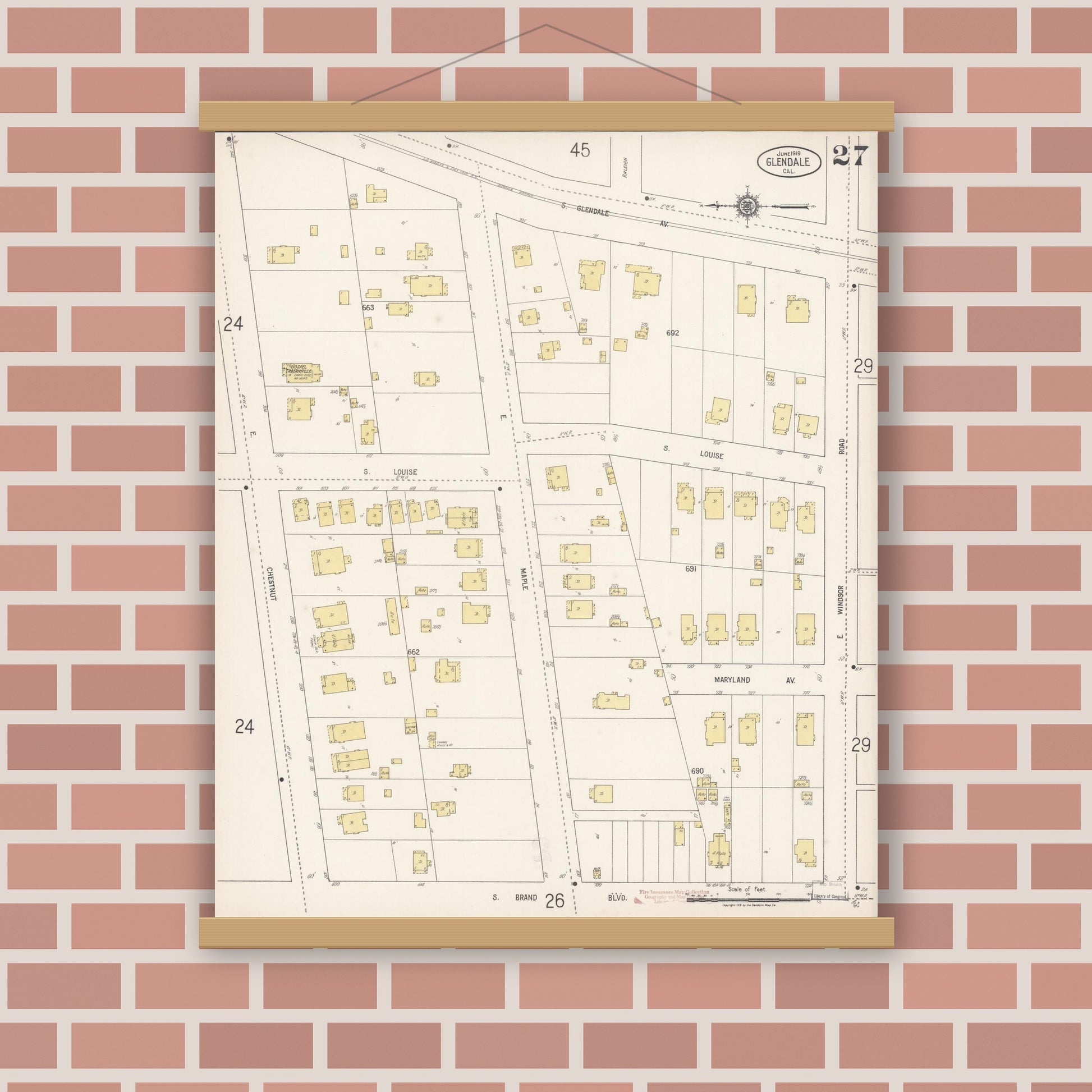 Old map wall art mockup — magnetic wood frame on brick wall — Sanborn Fire Insurance Map from Glendale, Los Angeles County, California (1919), Sheet #0027
