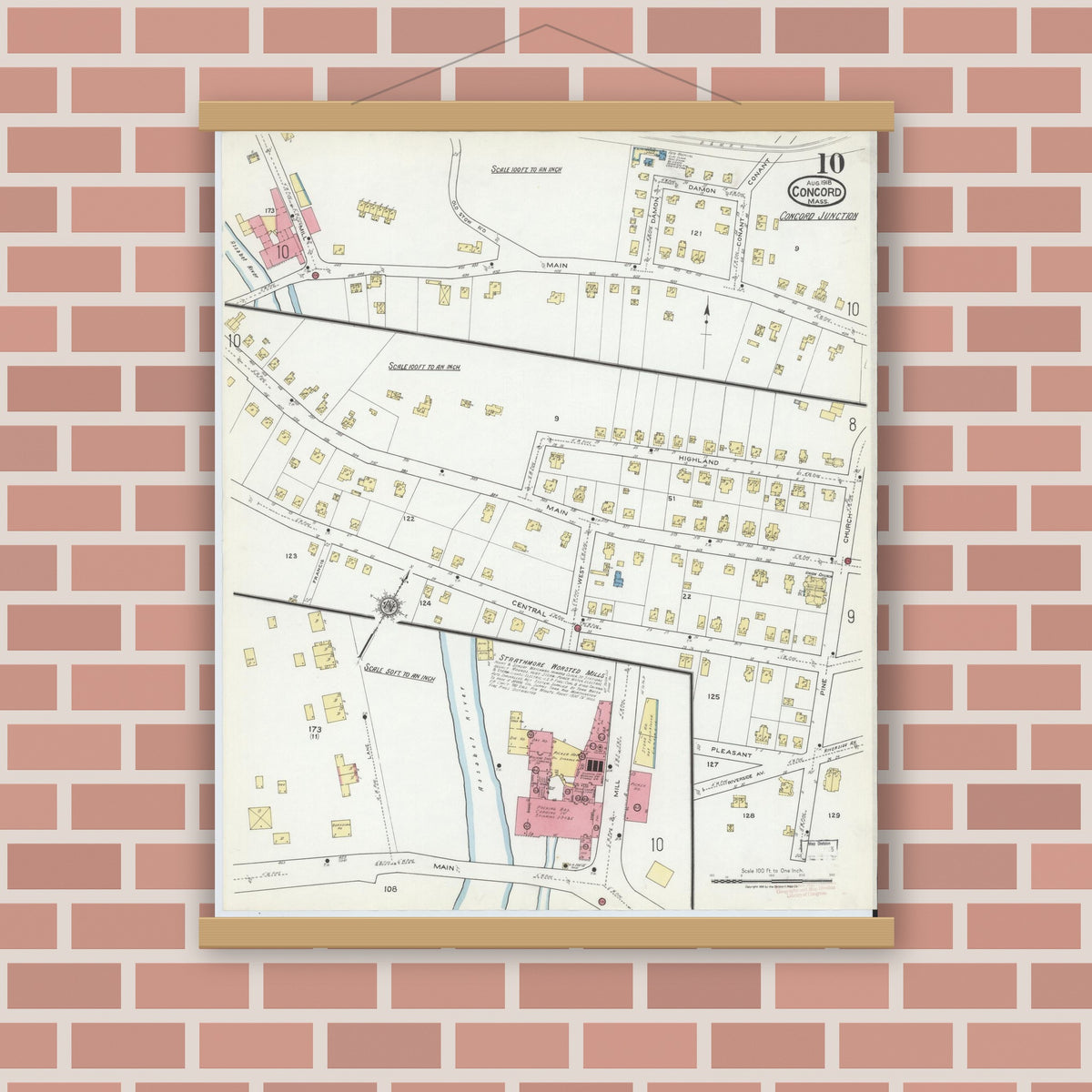 Old map wall art mockup — magnetic wood frame on brick wall — Sanborn Fire Insurance Map from Concord, Middlesex County, Massachusetts (1918), Sheet #0010