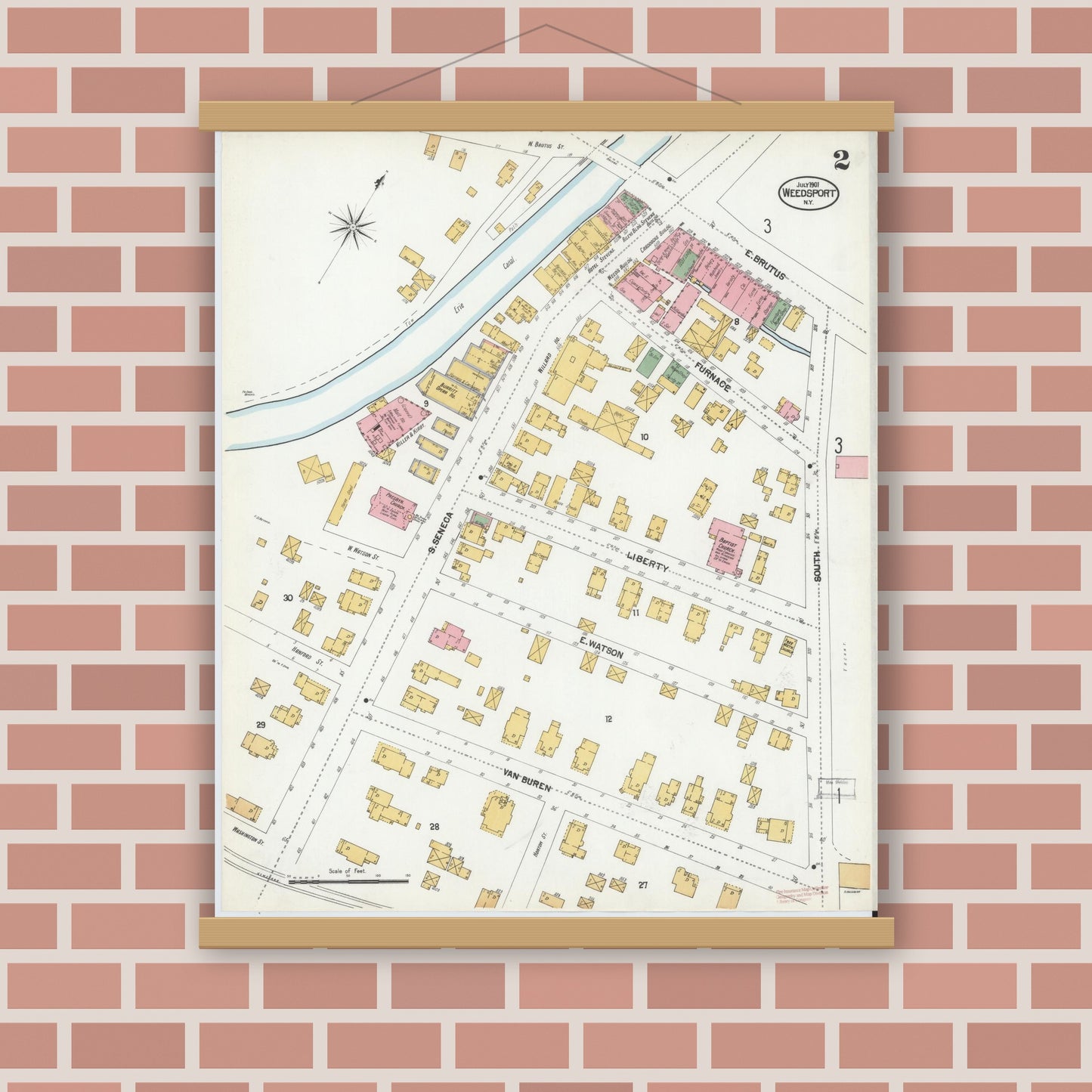 Old map wall art mockup — magnetic wood frame on brick wall — Sanborn Fire Insurance Map from Weedsport, Cayuga County, New York (1901), Sheet #0002