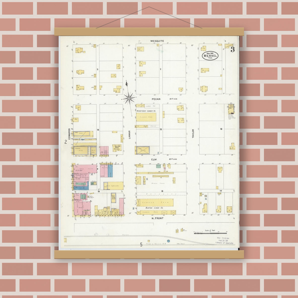 Old map wall art mockup — magnetic wood frame on brick wall — Sanborn Fire Insurance Map from Merkel, Taylor County, Texas (1908), Sheet #0003