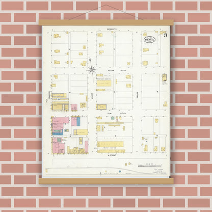 Old map wall art mockup — magnetic wood frame on brick wall — Sanborn Fire Insurance Map from Merkel, Taylor County, Texas (1908), Sheet #0003