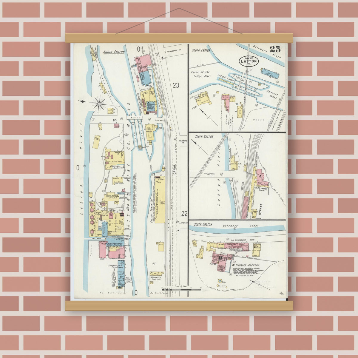 Old map wall art mockup — magnetic wood frame on brick wall — Sanborn Fire Insurance Map from Easton, Northampton County, Pennsylvania (1897), Sheet #0025